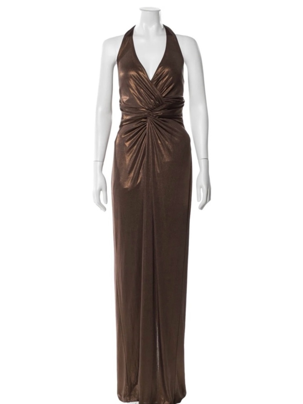 Ralph Lauren Bronze Metallic Halter Gown | Size 14 | Draped Evening Maxi Dress